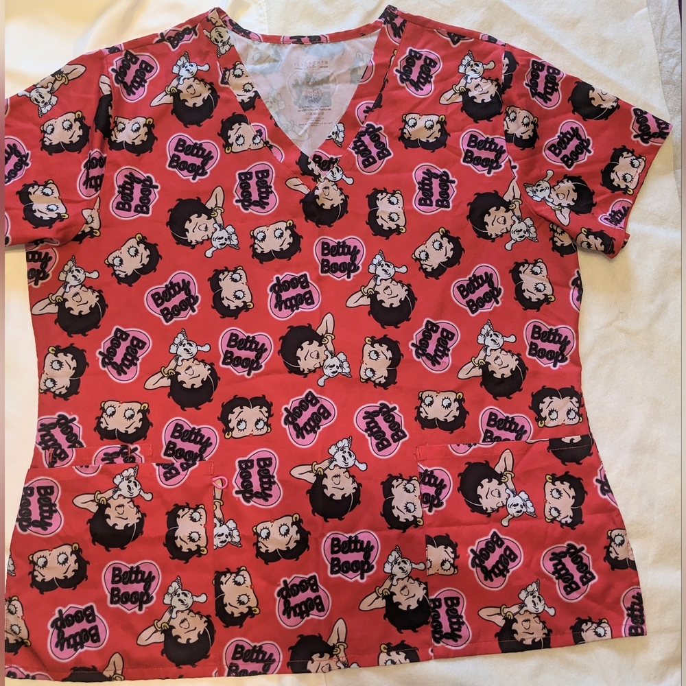 Betty Boop Red Allover Graphic V-Neck Scrub Top